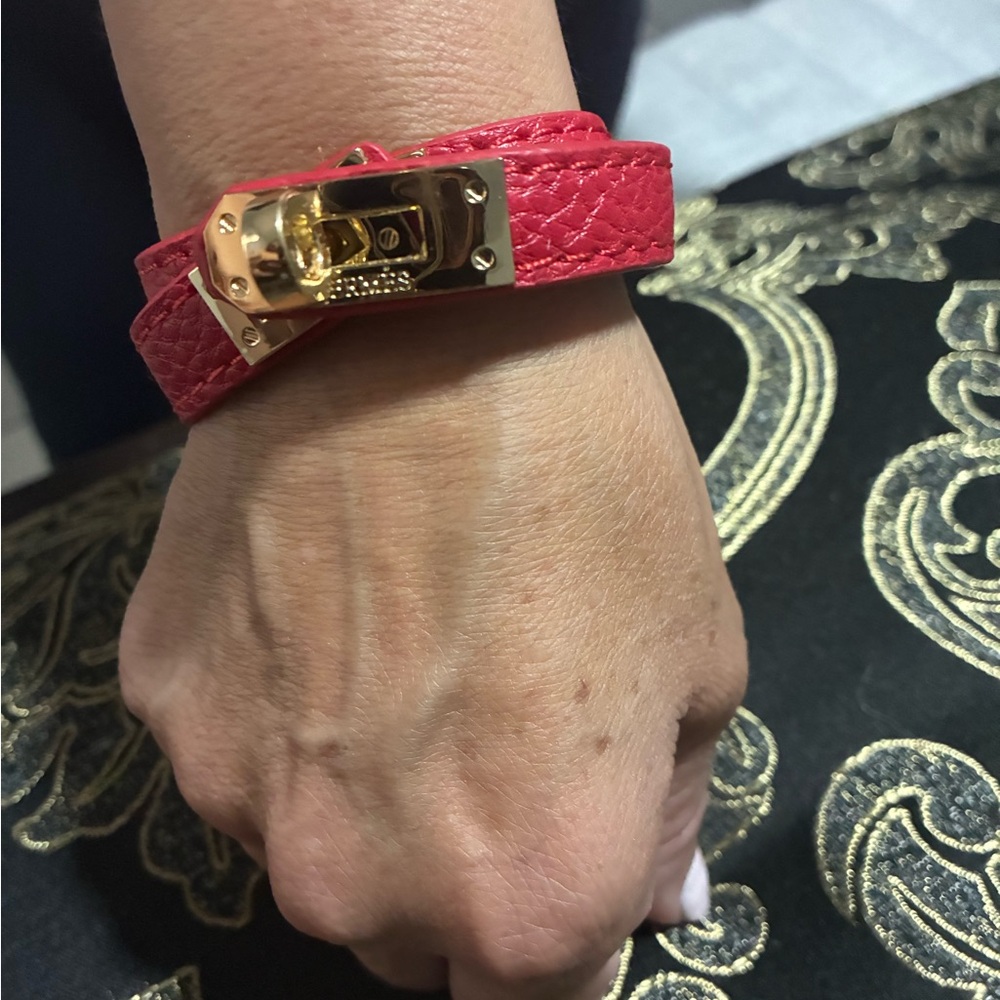 H Red Pink Leather Wrap Bracelet with Gold Hardware